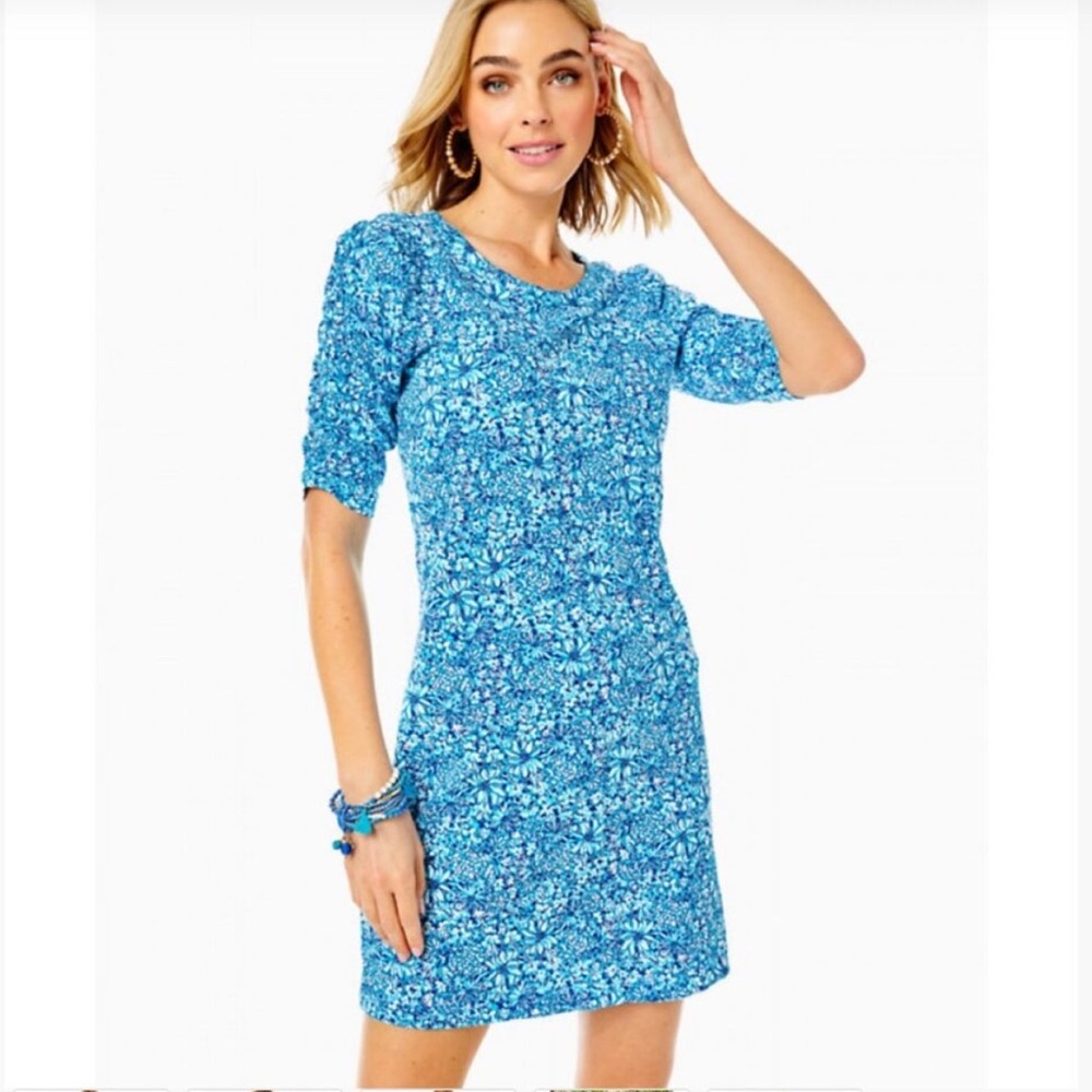 Lilly Pulitzer Belden Elbow Sleeve Dress Cumulus Blue Blooming